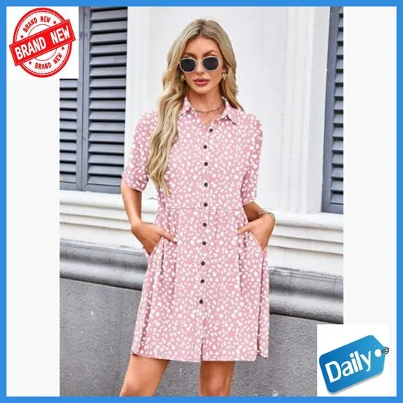 Summer Babydoll Dress Short Sleeve Button Down with Pockets Casual Sundress - Picture 2 of 7